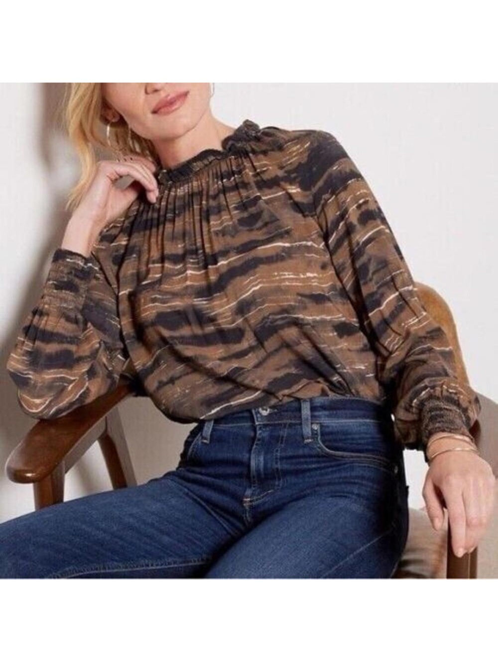 Cloth and Stone Blurred Stripe Smock Neck Long Sleeve Top Brown Black Size Large